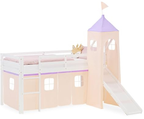 Homestyle4u Kinderhochbett mit Rutsche & Turm, Hochbett 90x200 Weiß, Holz | Kinderbett aus massivem Kiefernholz, inklusive Vorhang in Lila Beige, sichere Absturzsicherung für Jungen und Mädchen