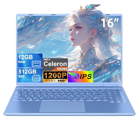HUQPPQ 16 Inch Gaming Laptop, Celeron N5095 (Up to 2.9GHz),12GB RAM 512GB SSD, 1TB Expandable, FHD 1920x1200, WIN11, USB3.0, WiFi5, Notebook Computer for Students & Office-Blue