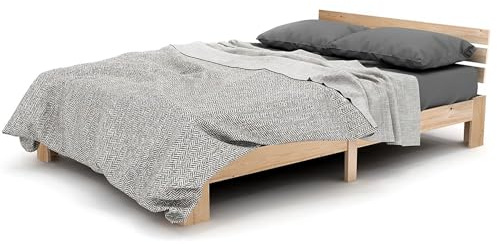 Aceinheu Holzbett 140x200 cm, Doppelbett aus 100% massiver Kiefer, Bettgestell mit Kopfteil und Lattenrost, Massivholzbett für kleine Räume, Gästebett, (Natur)