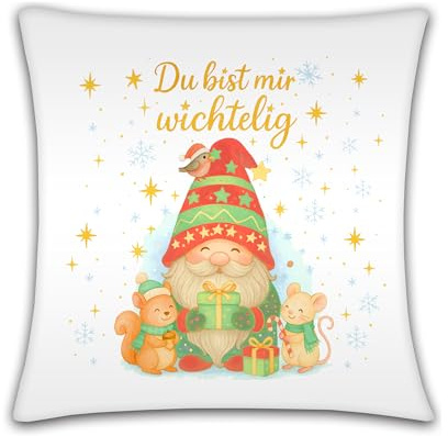 Maus-Design Weihnachtskissen Wichtelmotiv mit Spruch „Du bist Mir wichtelig“ Deko Kissen – Geschenk für Freundin, Oma, Kollegin – Wichtelgeschenk (Rot)