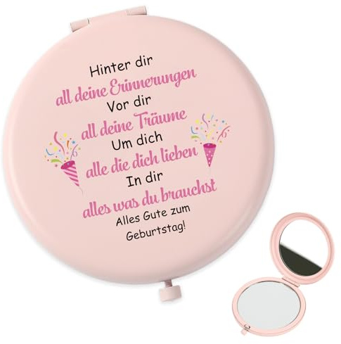 QWZify Geburtstagsgeschenk für Frauen, Mama, Mädchen, Freundin, Schwester, Rosa Taschenspiegel Kosmetikspiegel Vergrößerungsspiegel Taschenspiegel Klappbar Reisespiegel, Alles Gute zum Geburtstag