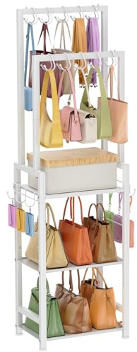Tall Purse Organizer for Closet with 10 Purse Hanger & 6 Side Hooks,Floor-Standing Purse Rack Stand for Purse Storage,Narrow & High-Capacity Handbag Organizer,Multi-Purpose Purse Shelf for Small Place