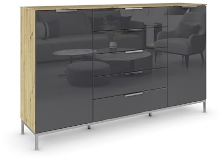 Rauch Möbel Flipp, Kommode, Farbe Glas Basalt/Eiche Artisan, Breite 180 cm | Sideboard, 2-türig, 5 Schubladen, Glasfront, Soft-Close, Griffe, Metallkufe Chrom, für Schlafzimmer, Gästezimmer, Wohnzimmer
