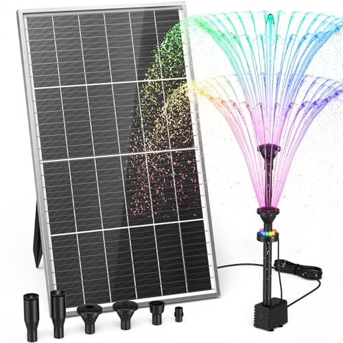 AMZtime 20W Aufgerüsteter Solar Springbrunnen für Außen mit 4000mAh Akku | Bunte LED Solarbrunnen für Draussen,DIY Solar Teichpumpe mit 5 Effekte, Solar Wasserpumpe für Garten, DIY Wasserspiel, Teich