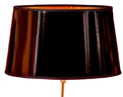 Tisch-Lampenschirm, *Lucidoro TR*,trommelförmig/Lackkarton schwarz, innen goldfarben kaschiert/Seid Gestell goldf.Du=32cm/Do=27cm/H (schräg)=17,5/Vertiefung E27 Haltung 3,5cm