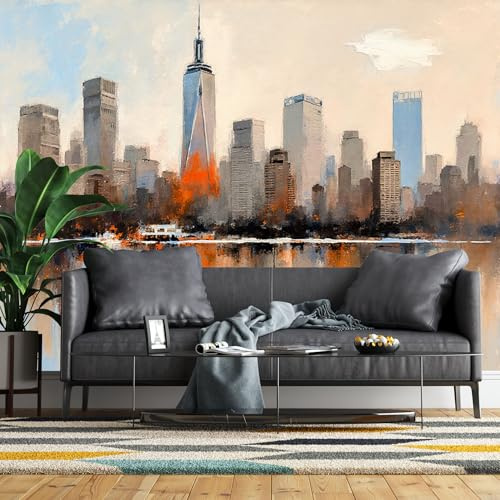 Wandbild, Abstrakte Impressionistische Skyline von NYC, warme Töne, moderne urbane Kunst, selbstklebender Wandstoff, abnehmbare Tapete für Heimbüro-Dekor