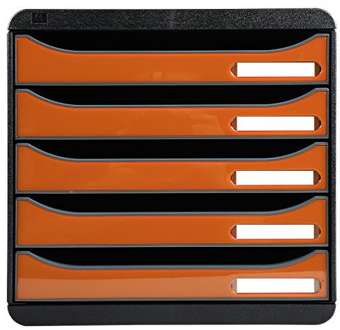 Exacompta 3097288D Premium Ablagebox mit 5 Schubladen für DIN A4+ Dokumente. Stapelbare Schubladenbox mit hoher Kapazität für mehr Platz auf dem Schreibtisch Big Box Iderama Schwarz|Mandarine