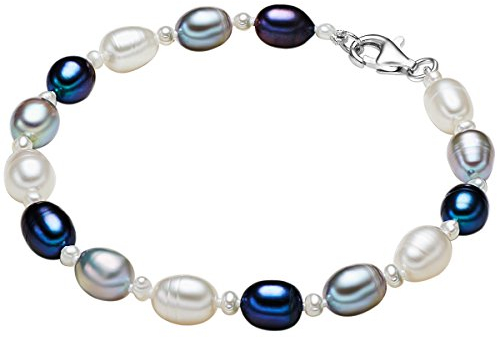 Valero Pearls Damen-Armband Hochwertige Süßwasser-Zuchtperlen ca. 4-6 mm Oval weiß/hellgrau/pfauenblau 925 Sterling Silber Perlenarmband