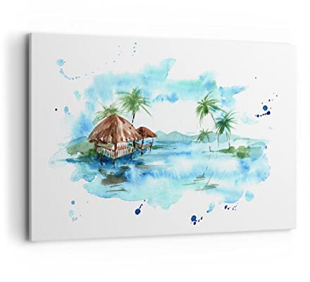 Wandbilder Dekoration Wohnzimmer Tropen Wasser Bungalow Ufer Bilder auf Leinwand 120x80cm Leinwandbild Schlafzimmer Deko Wand Kunstdruck Art Groß XXL Wanddeko Bild Wall Decor Canvas AA120x80-2988