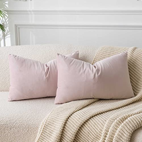 JUSPURBET Rosa Lendenkissen Samt-Kissenbezüge 30cmx50cm 2er-Set für Wohnzimmer Couch Sofa Schlafzimmer Dekorative Rechteckig Feste Weiche Kissenhüllen mit unsichtbarem Reißverschluss