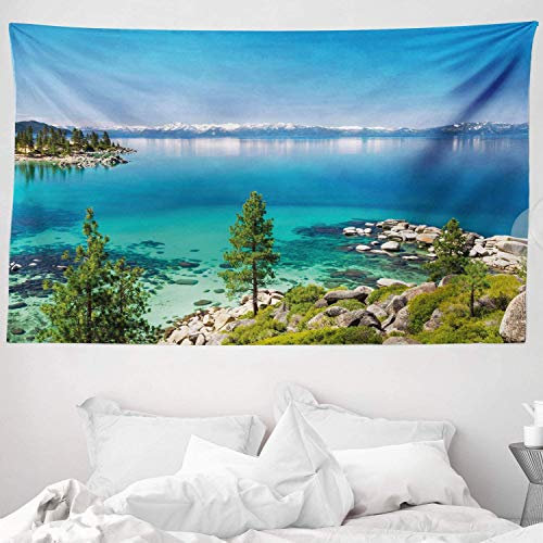 ABAKUHAUS Blau Wandteppich und Tagesdecke Landschaft Paradies Bild Meeres Strand Traumhafte Ferien Ort mit Wasser Fotographieaus Weiches Mikrofaser Stoff 230 x 140 cm Für den Wohnzimmer, Blaugrau Grün