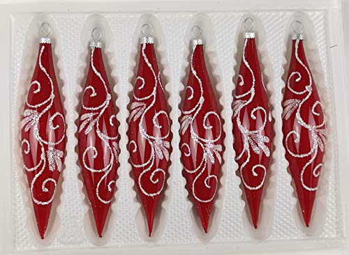 6 TLG. Glas-Zapfen Set in Hochglanz Modern Rot Weisse Ornamente Edle Neuheit - Christbaumkugeln - Weihnachtsschmuck-Christbaumschmuck
