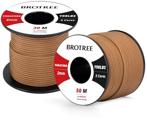 Brotree Paracord 2mm 50M 100% Nylon Seil mit 3 Kern Schnur für Outdoor, Armband, Hundeleine - Bruchlast 90kg (Kojote Braun)