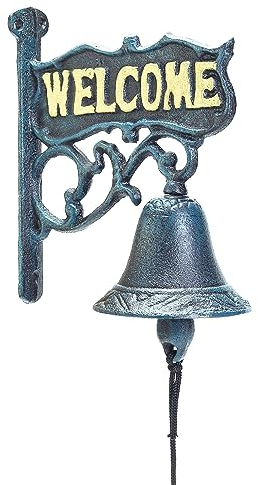 Sungmor Heavy Duty Gusseisen Rustikal Wandmontage Willkommensschild Handglocke | 16 × 18,7 cm, dunkelgrün | Aristokratisches Logo Schmiedeeiserne Türklingel | Klassische Skulptur für Gartenterrasse