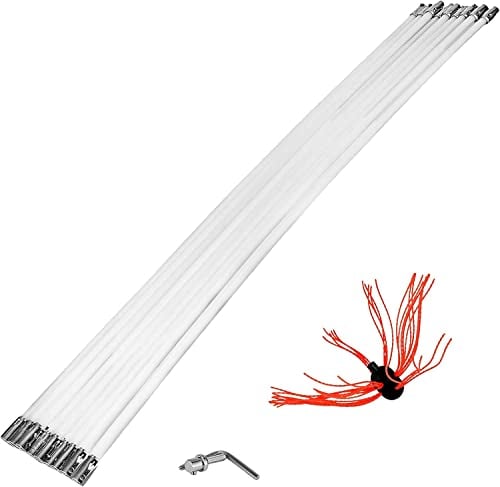 PURMILE Flexible Chimney Sweep Rods 30FT Chimney Cleaning Kit Nylon Sooteater Chimney Cleaning Kit Flexible Brush Head Chimney Sweeping Rods Easy Connecting Chimney Brush with 9 White Rods