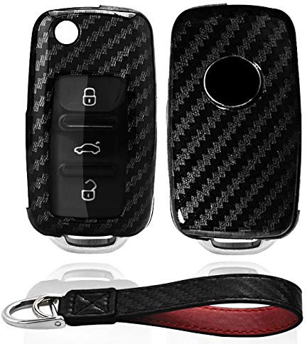 Kwak's Housse de Protection pour clé de Voiture Modèle de Fibre de Carbone Compatible pour Volkswagen Golf 6 Sagitar Lavida Polo Tiguan Passat Flip-clés de Voiture avec Porte-clés