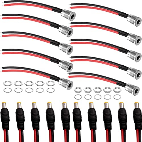 RUNCCI-YUN 10 pcs 18AWG 12V 5A DC Power Pigtail Cable+10 pcs Conectores CC Macho de 2,1 mm x 5,5 mm, Adaptador de Conector Hembra de Montaje en Panel