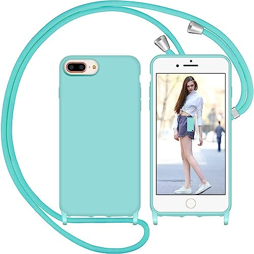 Nupcknn Funda Silicona Líquida con Cuerda para iPhone 7 Plus/8 Plus/6S Plus, Carcasa Suave Silicona Case con Correa Colgante Ajustable Collar de Cuello Cadena Cordón(Azul Glaciar, 5.5)