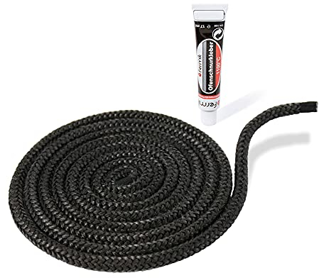 LANZZAS Kamin- & Ofendichtschnur - Ø 8 mm, Länge: 2 m - Glasband für Kamintüren - hitzebeständig bis 550°C - mit feuerfestem Montagekleber