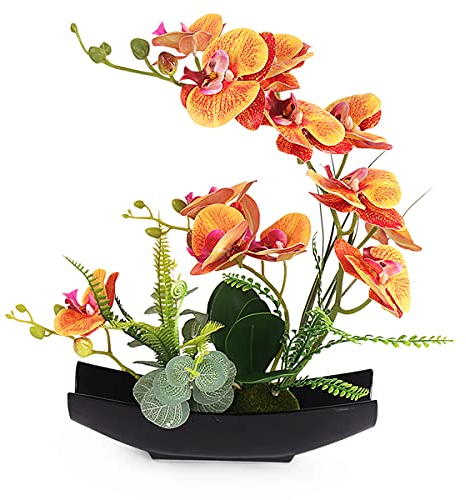 YOBANSA Real Touch Seiden-Orchidee, künstliche Blumen mit Blumentöpfen, künstliche Phalaenopsis, künstliche Orchideen-Blumenarrangements für Heimdekoration (orange + schwarze Vase)