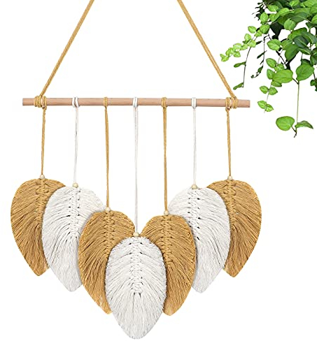 Weldomcor Makramee Wandbehang Blatt Feder Tapisserie Boho Deko Chic Wanddekon Wandteppich Handgemacht Wohnungs dekorationen böhmischen Wohnzimmer Wohnung Schlafzimmer Hochzeit Dekor, Gelb