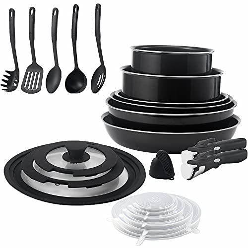 lzteck Set da 23 pentole antiaderenti, set di pentole e padelle impilabili con manici rimovibili, salvaspazio, per camper e campeggio, forno, induzione, gas, elettrici e piani cottura, lavabile in
