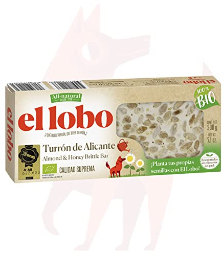 EL LOBO - Nougat d'Alicante 100% BIO 200g, All Natural, Supreme Quality, Ingrédients naturels, Texture Croquante, Qualité Suprême, Ecofriendly, Gluten Free, Éco-responsable, Sans gluten.