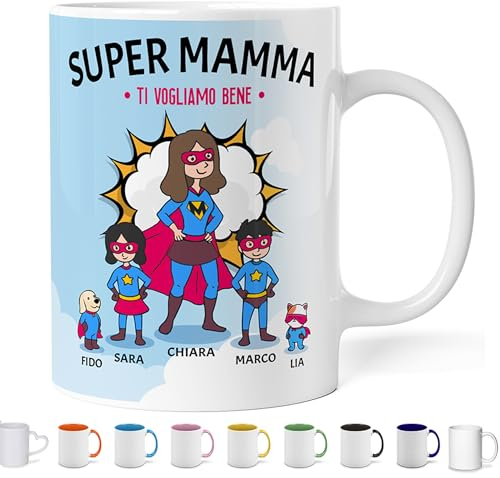 Tazza personalizzata Super Mamma (21 Versioni) Idea regalo Festa della Mamma / compleanno personalizzabile con nomi e colore capelli Madre Figlio Figlia Cane Gatto - Mug bianca o colorata supereroi