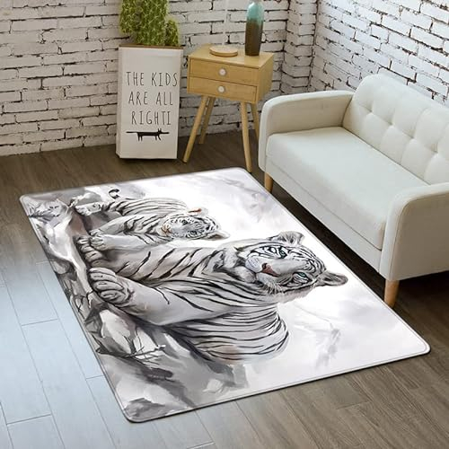 Morbuy 3D Tiger Tier Drucken Teppich Wohnzimmer Flanell Kurzflor Teppiches, Modernes Teppich Waschbar rutschfest Krabbelmatte für Kinderzimmer Schlafzimmer Dekoration (80x160cm,weißer Berg)