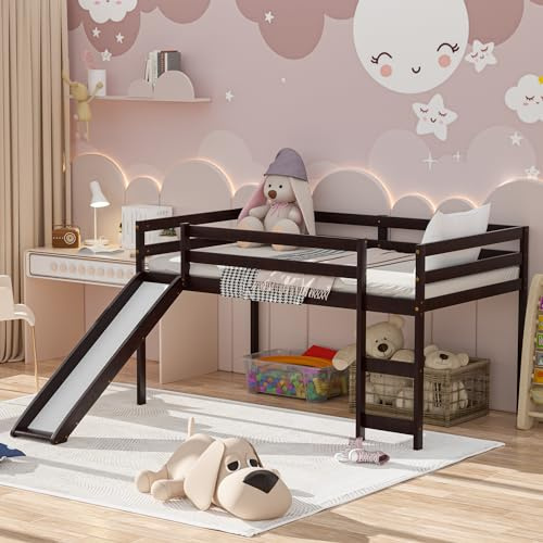 KOMFOTT Twin Loft Bed with Slide, Wood Low Loft Bed with Ladder & Guard Rail, Pine Wood Bed Frame Bedroom Furniture, No Box Spring Needed, Low Bunk Bed Frame