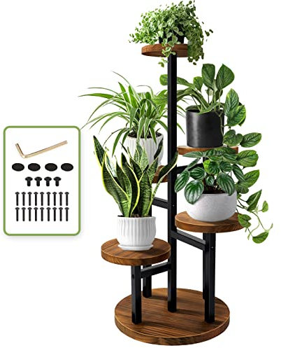 AUGOSTA 5 Tier Plant Stand, Tall Metal Wood Shelf Holder for Indoor Plants, Outdoor Garden Plant Display Rack Flower Pot Stand for Corner Living Room Balcony Garden Patio