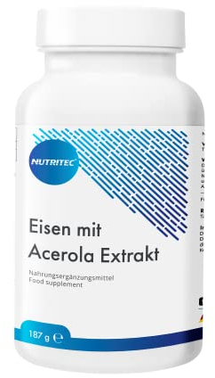 Nutritec Eisen aus Eisenbisglycinat-Chelat & 80 mg natürlichem Vitamin C aus Acerola-Extrakt - 180 vegane Tabletten - passend dosiert mit 15 mg Eisen pro Tablette - deutsche Qualität