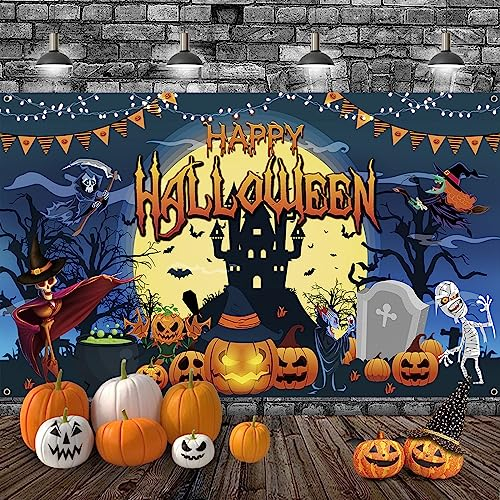 Happy Halloween Banner, Navy Blau Halloween Party Deko, Extra Große Stoff Halloween Hintergrund Schild Banner, Kürbis Fotokabinen Zeichen Banner für Horror Halloween Party Dekoration Home Wand Ourdoor