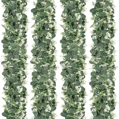 SOMYTING 4 guirnaldas de eucalipto artificial con flores blancas, dólar de plata, guirnalda verde, planta artificial, camino de mesa de eucalipto para fondo, boda, decoración de mesa