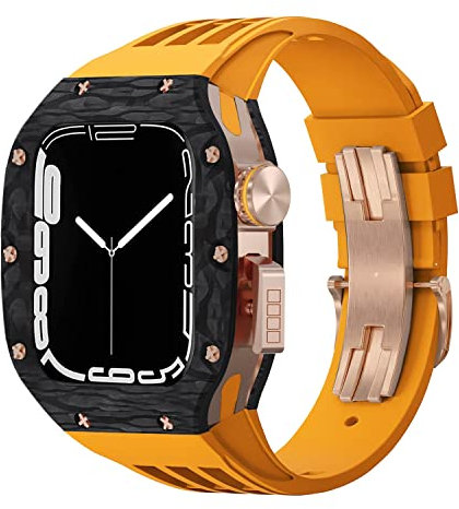 BUDAY Caja de reloj de fibra de carbono+kit de correa de mod para Apple Watch 6 5 4 SE 44 mm modificación aleación marco banda de goma, para iWatch Series 8 7 45 mm, 44MM, Agate