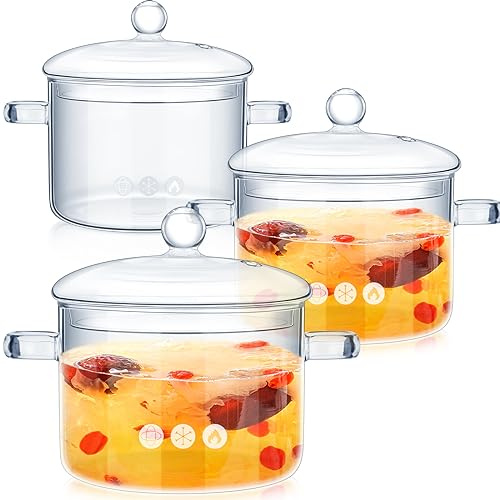 Hsei 3 ollas de vidrio resistentes al calor transparentes de 1,3 1,5 1,9 L con mango de cubierta, ollas de vidrio para cocinar utensilios de cocina, olla de vidrio y sartén con tapa para fideos de
