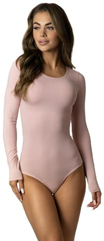 Alkato Body Donna Manica Lunga Cotone – Body Donna con Scollo Tondo e Chiusura con Bottoni Automatici, Rosa cipria, L (Long 170-176 cm)