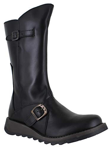 Fly London Mes Black Pebbled Leather Low Wedge Calf Boots 6 Black Leather