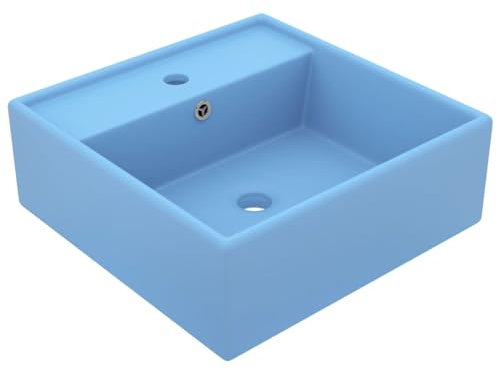 FOZICV Luxus-Waschbecken Überlauf Quadratisch Matt Blau 41x41x15 cm Keramik Aufsatzwaschtisch Aufsatzbecken Aufsatzwaschbecken mit überlauf Waschbecken Eckig Waschschale Bad Möbel Modern
