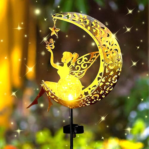 Mond-Solarleuchten Garten,Elfe/Blumenfee Wasserdichte Solarleuchte,Engel-Metall-Lichtern,Freien Solarlampe füR AußEn,Mond Solarleuchten,Deko Leuchten Balkon,Gartendeko,Solarlampen für Außen