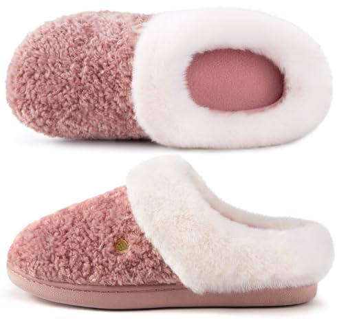 HomeTop Women's Comfy Clog Slippers Soft Warm Non-slip Indoor House Shoes with Fuzzy Collar Blush Pink, 5-6 UK