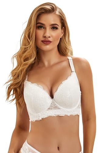 ohmydear Women's Underwired Push Up Bra Padded Lace T Shirt Ladies White Bra Full Coverage Comfort Everyday Plus Size Brassiere for Big Bust 38C