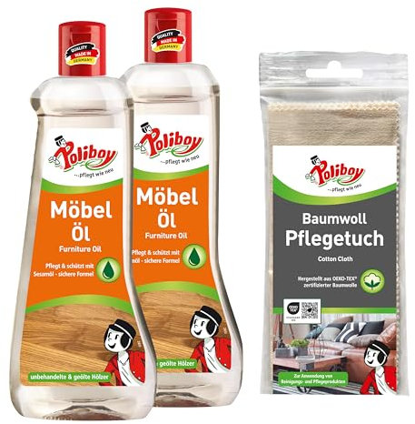 POLIBOY Möbel Öl - Nährendes Holzpflegemittel für Holzmöbel - Farbloses Holzöl - 2x 500 ml - Mit Baumwolltuch - Made in Germany