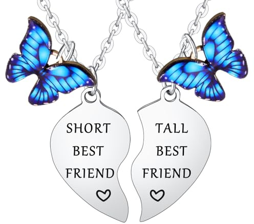 BESPMOSP Funny Tall & Short Best Friend Heart Matching Pendant Necklace Set - 2PCs, Butterfly Charm, Perfect for Women - Bestie, Sister, Christmas & Birthday Gifts