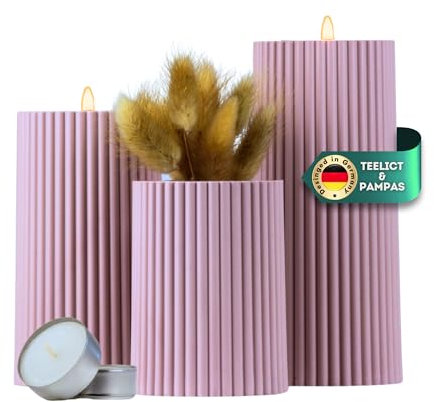 DecoValeira - 3er Set Dauerkerze (Ø 6,9 cm, H 9, 12, 15 cm) - Teelichthalter, Kerzenhalter in Kerzenoptik, Windlicht für handelsübliche Teelichter-Deko Kerzen, Tischdeko, Wohnzimmer Deko (puderrosa)