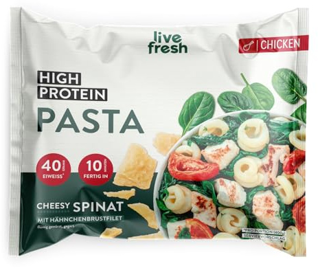 LiveFresh High Protein Nudeln | 7 x 400g Diät Feriggerichte mit Hähnchen | Low Carb Pasta mit 24g Protein und nur 360 kcal pro Portion | Schnell zubereitet | Schonend schockgefrostet