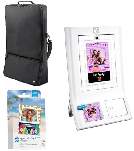 HP Sprocket Fotobox-Maschine Sofort-Farb-Fotodrucker (Weiß) Starter-Paket + Zink-Papier (100 Blätter) + Gepolsterte Tragetasche