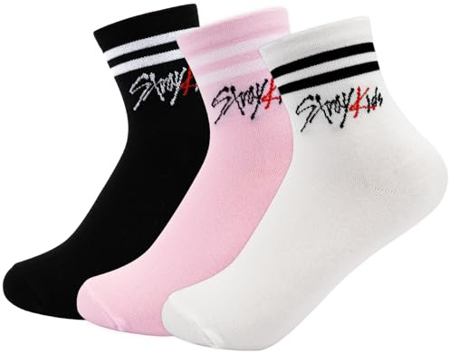 SOSAYI 3 Paar Stray Socken, Baumwolle Stricksocken, Warme Sportsocken mit 1 SKZ 3D Aufkleber und 2 SKZ Photocard, SKZ Fanartikel Geschenk Set Für Stay