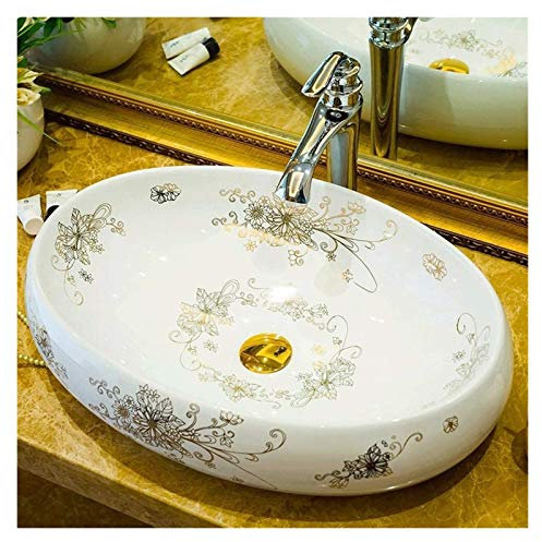CCYENG Badezimmerwaschbecken, Aufsatzwaschbecken, handbemaltes Aufsatzwaschbecken mit goldenem Blumenmuster für den Waschtischunterschrank,