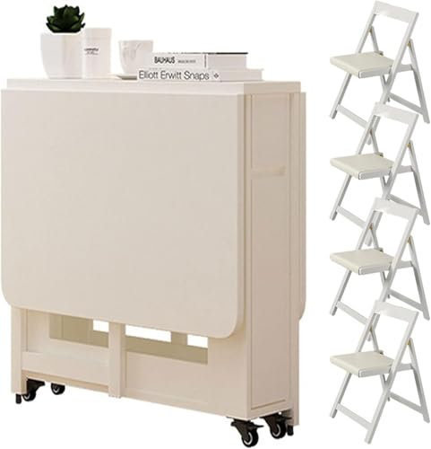 LDERTY Mobiler Klapptisch, Holztisch mit gepolsterten Stühlen, Ausziehbarer Esstisch für 4 Personen, Klappbarer Esstisch für Küche, Esszimmer, Wohnzimmer(White,with 6 Chairs)